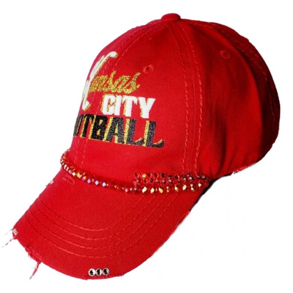 Kansas City Football Red Fitted Baseball Cap with Beads, Swrki.Cry. & Glitter. - Picture 4 of 4